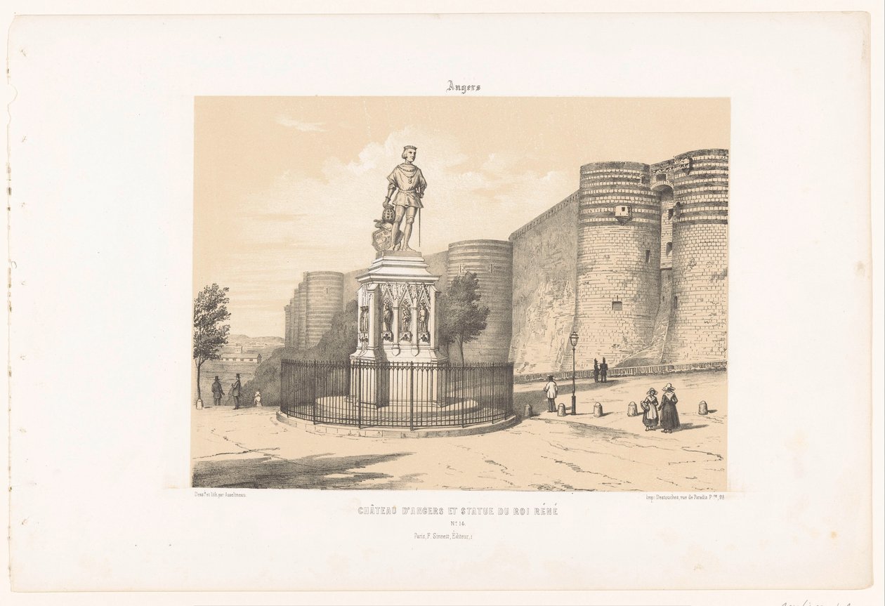 View of the statue of René I of Anjou and the castle of Angers (Contemporary France) by Leon Auguste Asselineau