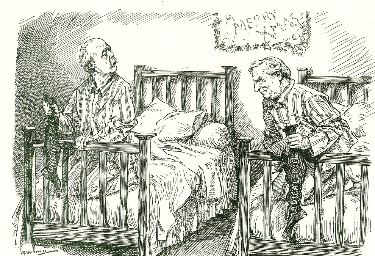 Arthur Balfour, Conservative, and Herbert Asquith, Liberal, with Their Christmas Stockings. In the General Election of December 1910 Neither Had an Overall Majority. Asquith Was Able to Form a Government in Coalition with the Irish National Party. by Leonard Raven Hill