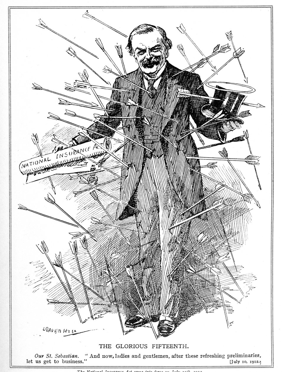 Lloyd George, Depicted as the Martyr, St. Sebastian, Under Attack for His National Insurance Act, Which Came into Force on July 15, 1912 by Leonard Raven Hill