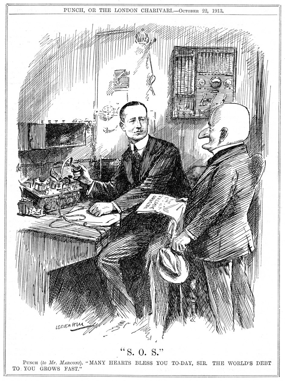Mr. Punch Thanking Marconi for Wireless Telegraphy Which Was Saving Lives at Sea, 1913 by Leonard Raven Hill
