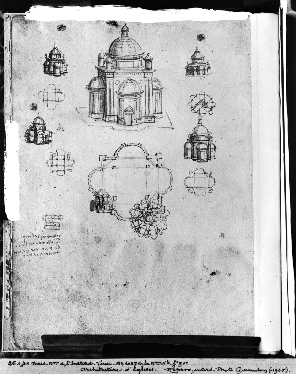 Designs for a centrally planned church, fol. 3v from Codex Ashburnham I ...