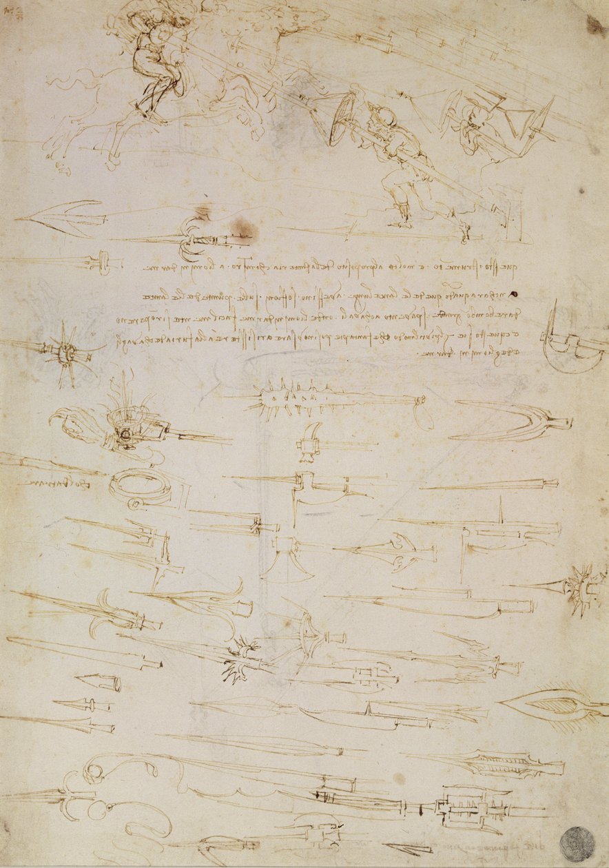 Sheet of studies of foot soldiers and horsemen in combat, and halbards, 1485-1488 by Leonardo da Vinci