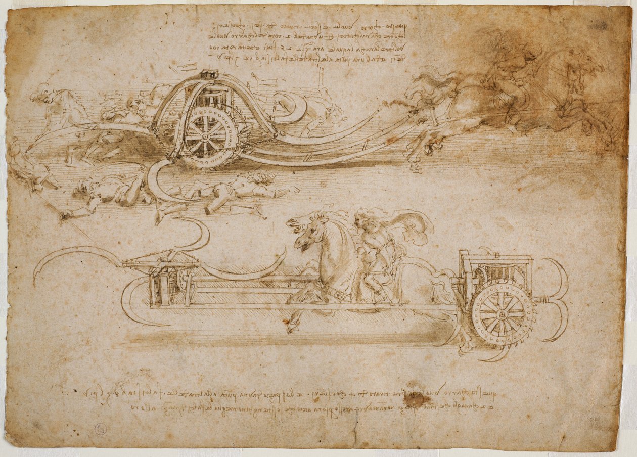 Studies of assault tanks with scythes, c. 1485 by Leonardo da Vinci