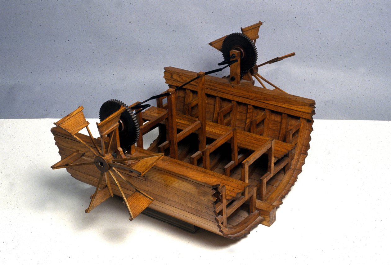 Wheeled propulsion boat. Model from the drawing of Leonardo da Vinci. Museum of Science and Technology, Milan. by Leonardo da (after) Vinci