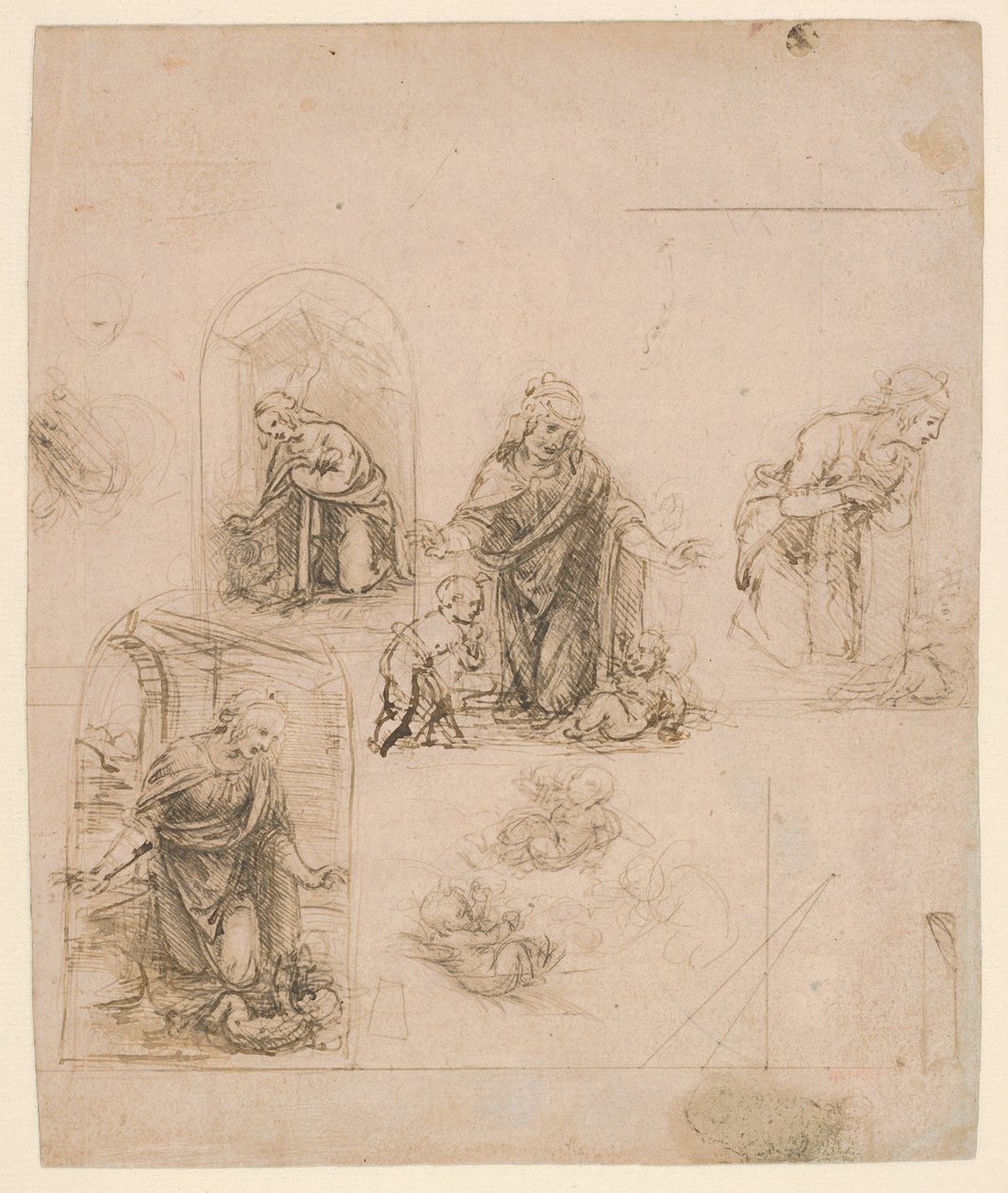 Compositional Sketches for the Virgin Adoring the Christ Child, with and without the Infant St. John the Baptist; Diagram of a Perspectival Projection (recto); Slight Doodles (verso) by Leonardo da Vinci