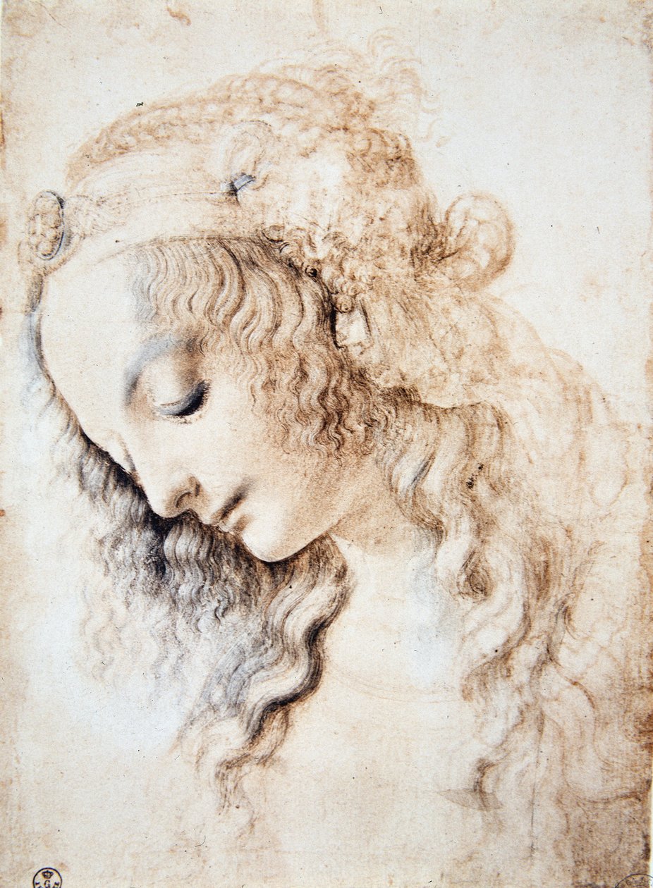 Portrait of a girl with closed eyes and head down with her hair adorned with a band enriched with jewellery by Leonardo da Vinci