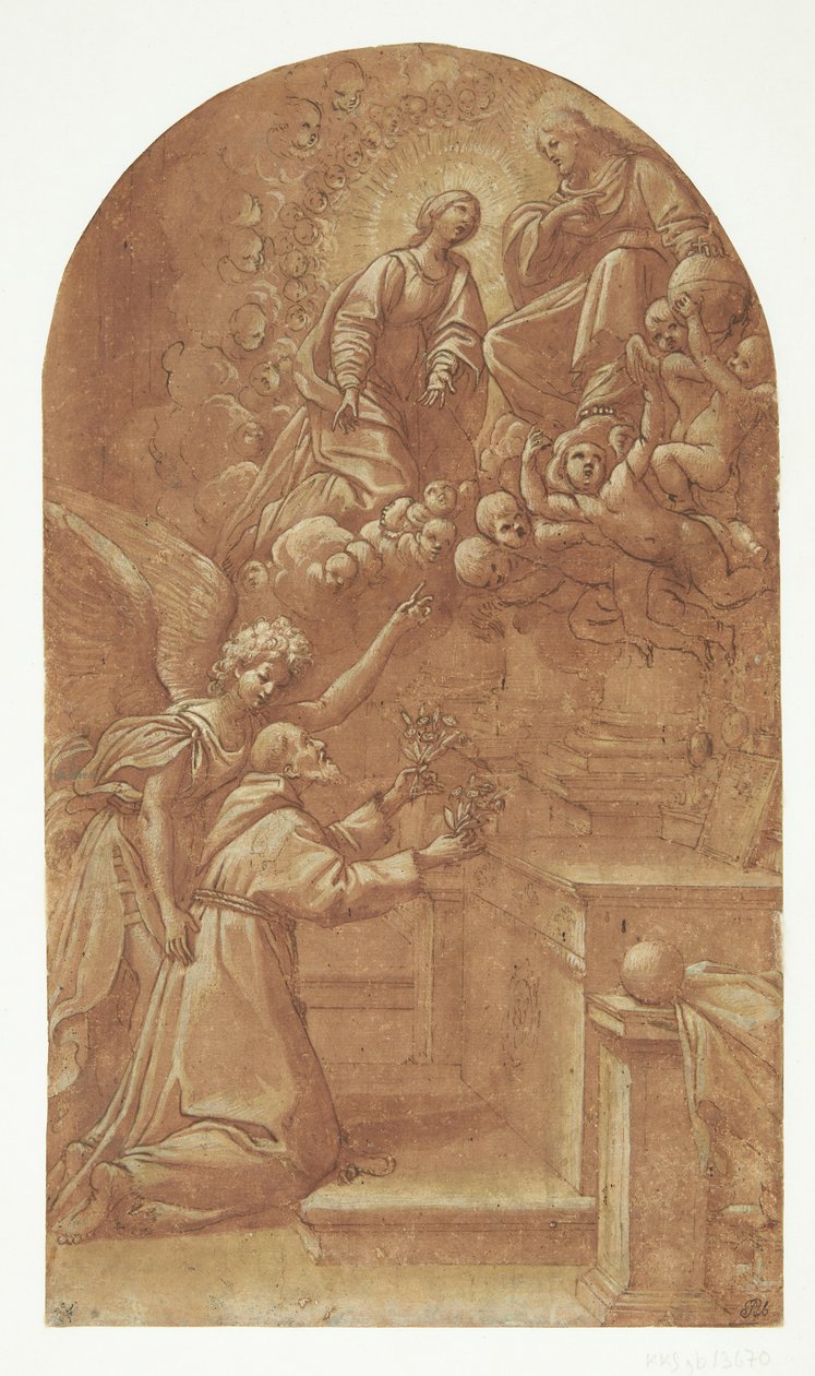 A Kneeling Franciscan (Francis of Assisi?), Supported by an Angel, Offering Flowers to the Enthroned Christ, Who Appears Carried by Angels with Mary Interceding by His Side by Leonello Spada