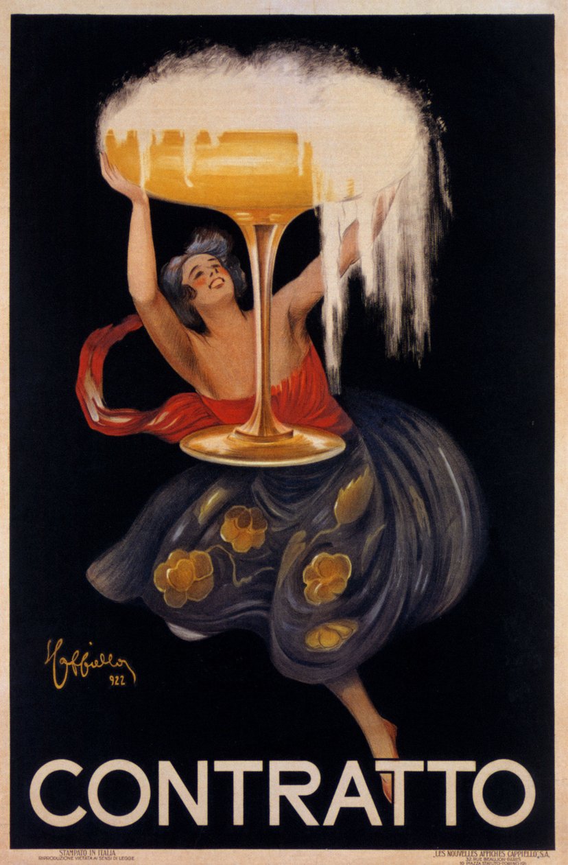 Advertising poster for the sparkling wine Contratto: a small fairy, an elf lifting a huge cup. Illustration by Leonetto Cappiello (1875-1942) 1922 by Leonetto Cappiello
