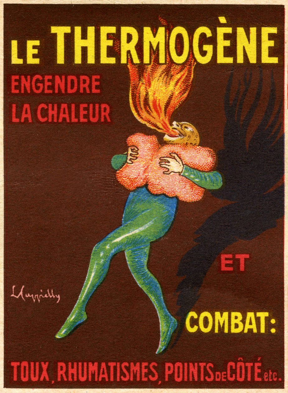 Label of a box of revulsive and resolutive wadding Le Thermogene, compress intended to relieve cough, colds, pain and rheumatism - formula: hydrophilic cotton, new coccine, yellow orange S, capsicum extract. Pharmacy product manufactured in Lille at the be by Leonetto Cappiello