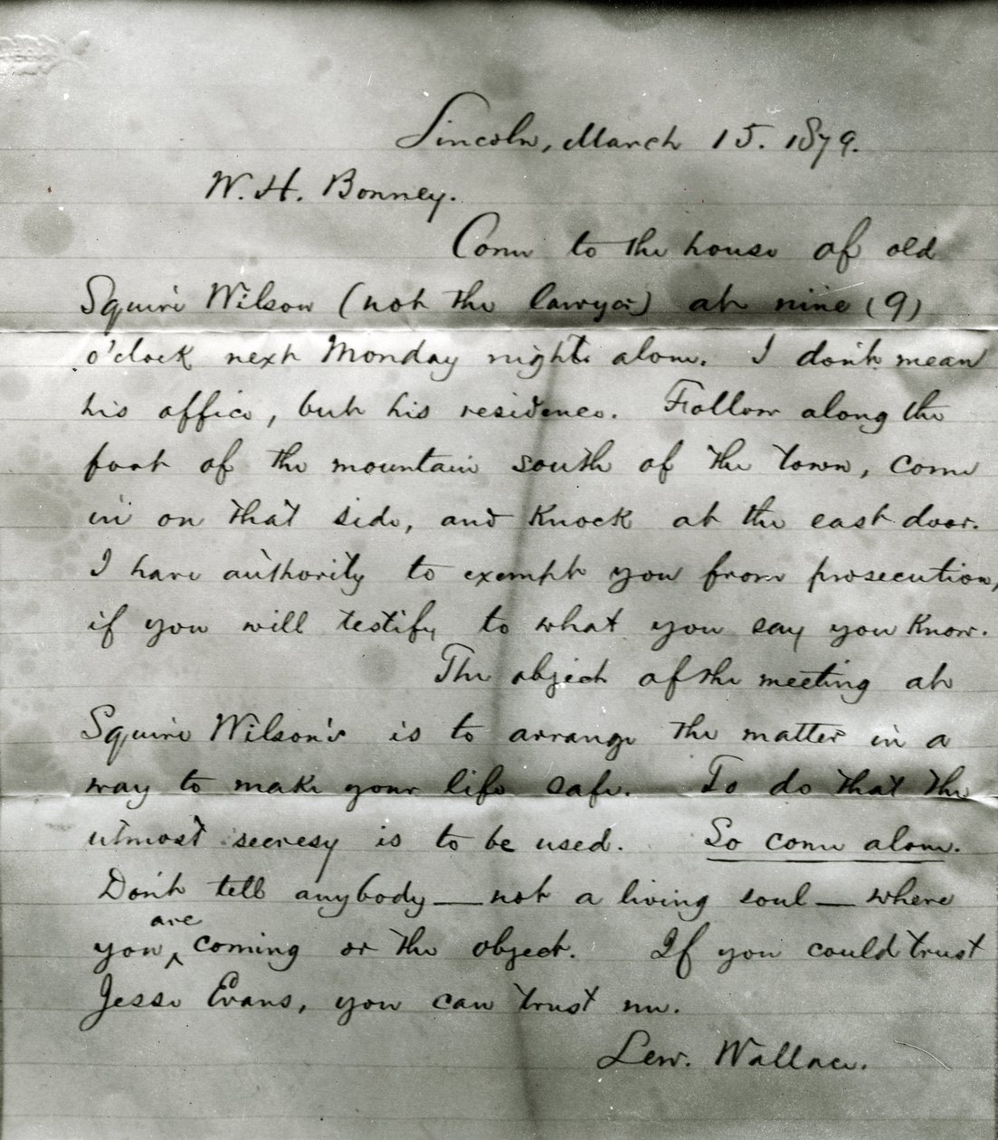 Letter from Lew Wallace to W. H. Bonney, 15th March 1879 by Lew Wallace