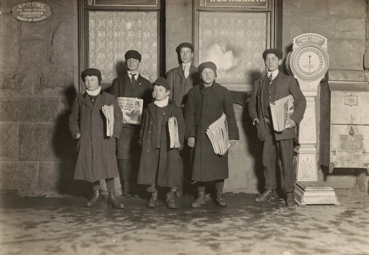 8:30 P.M. Group of Newsboys Selling at the Depot, Hartford, Connecticut. Smallest Boy 11 Years Old. by Lewis Wickes Hine