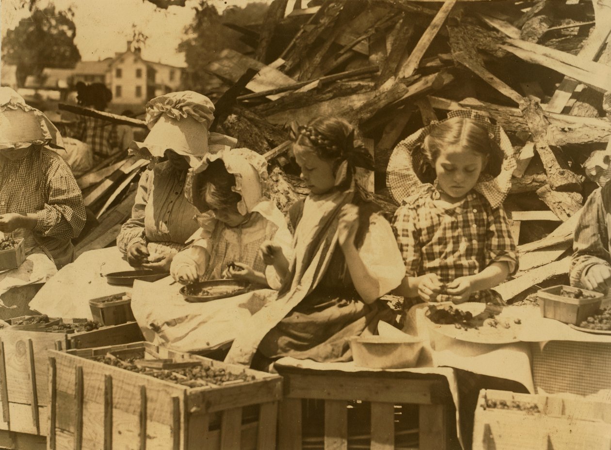 Five-Year-Old Helen and Her Stepsisters Hulling Strawberries for Two Cents a Quart at Johnson