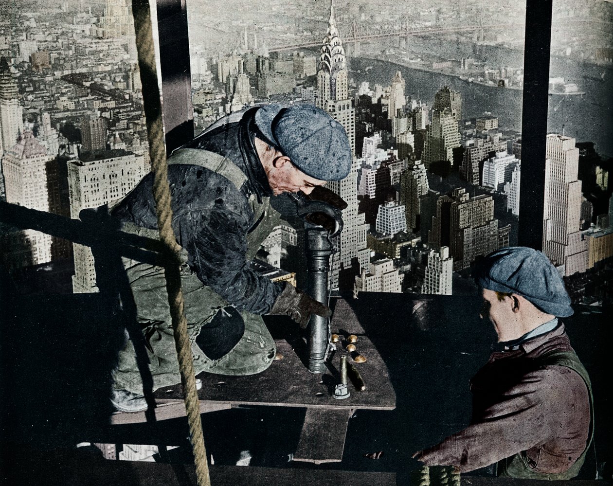 Riveting the last bolts on The Morning Mast of the Empire State building by Lewis Wickes Hine
