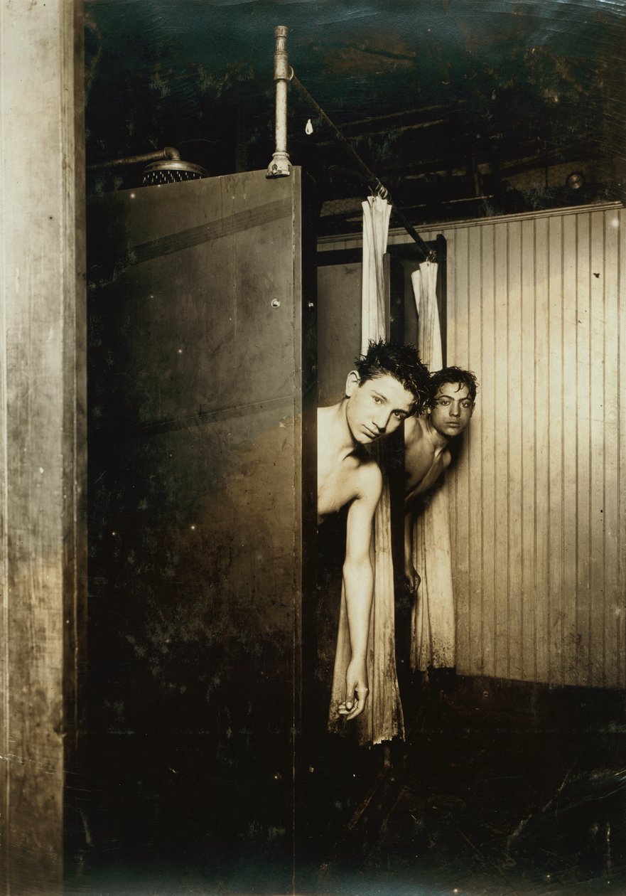 Two Boys Showering at Postal Telegraph Company, Broadway, New York City, New York, USA, c.1910 (sepia photograph) by Lewis Wickes Hine