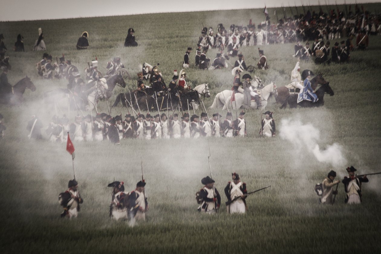 Historical Reenactment: Infantry, Cuirassiers and Officers of the French Army on the Battlefield, Napoleonic Wars by Unbekannt Unbekannt