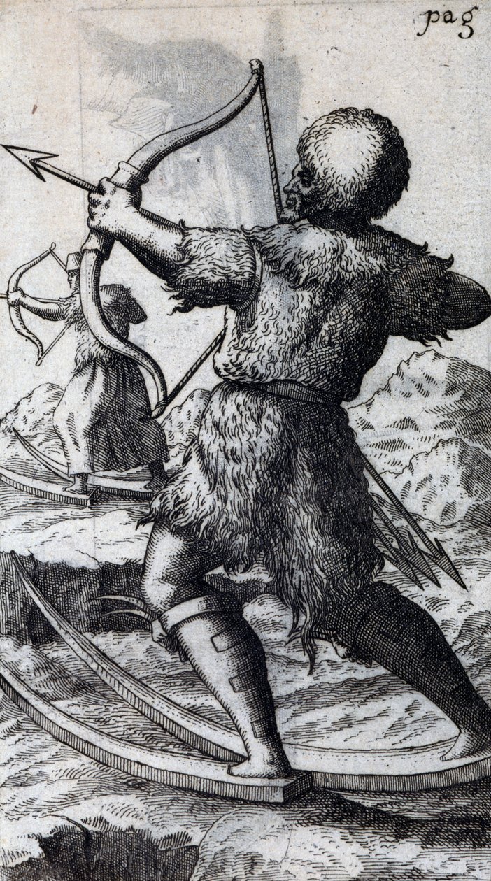 Hunter with bow and arrow on short skis, illustration from De Calceo Antiquo, by B Balduinus by Unbekannt Unbekannt
