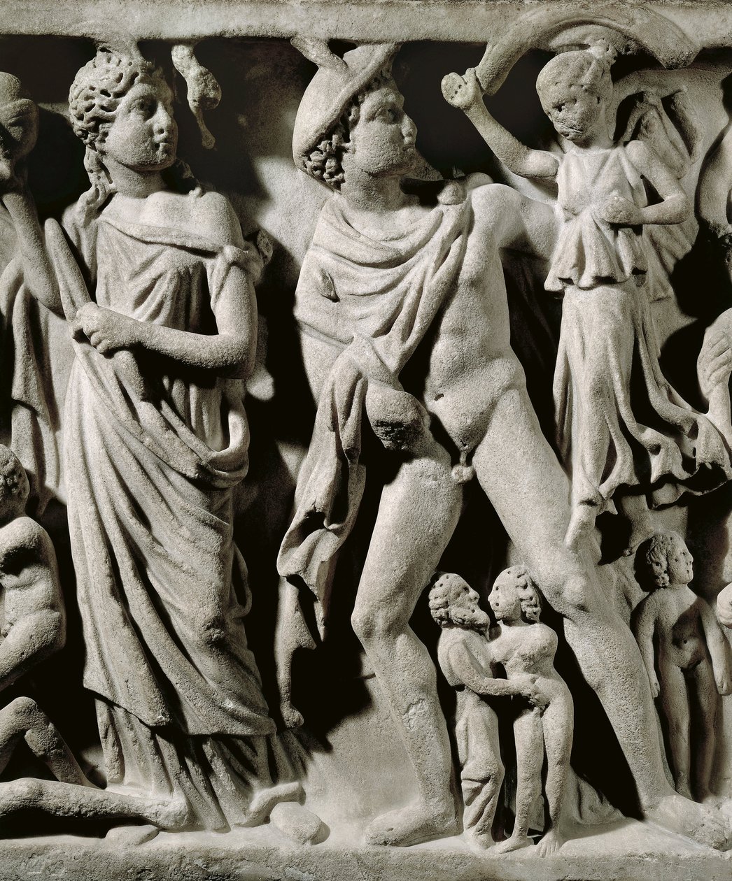 Marble sarcophagus, Relief depicting Prometheus myth, Detail, Hermes and one of the Fates, From Arles by Unbekannt Unbekannt
