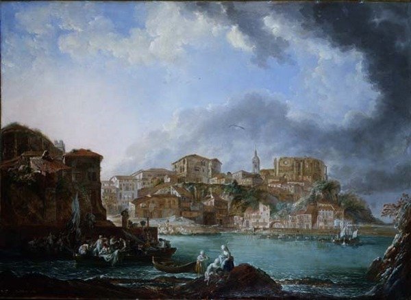 View of the harbour with figures in boats by Linton Park