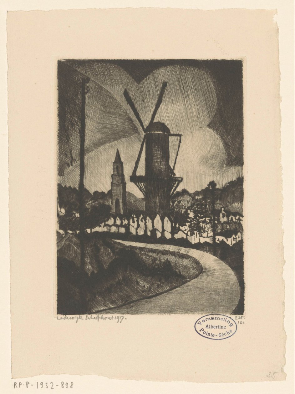 Hill Landscape with Mill by Lodewijk Schelfhout (signed by artist)