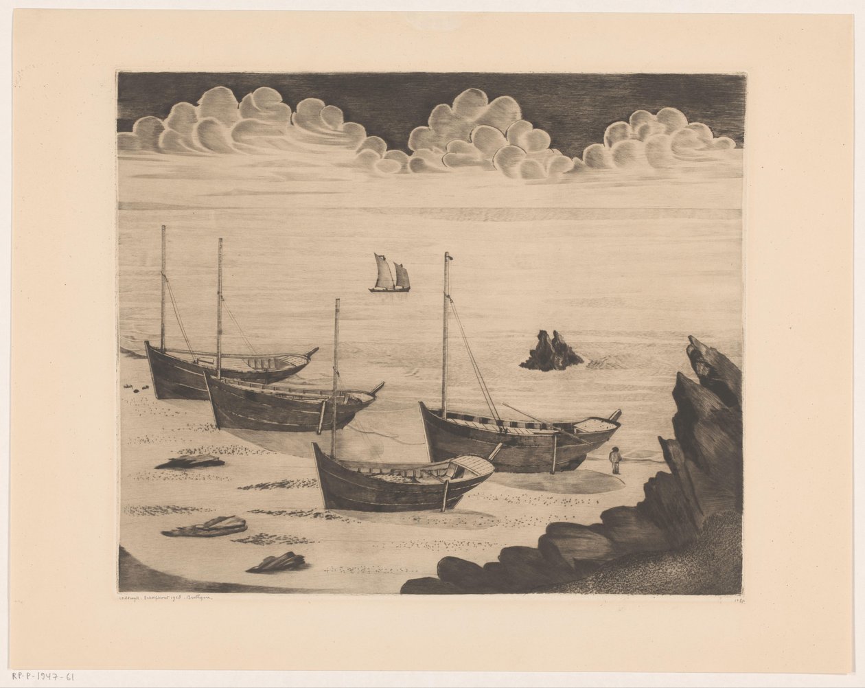 Four moored ships on a Breton beach by Lodewijk Schelfhout (signed by artist)