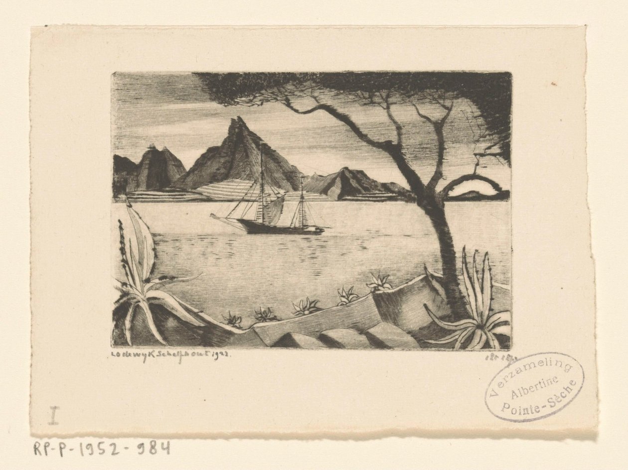 Sailing Ship in a Bay by Lodewijk Schelfhout (signed by artist)