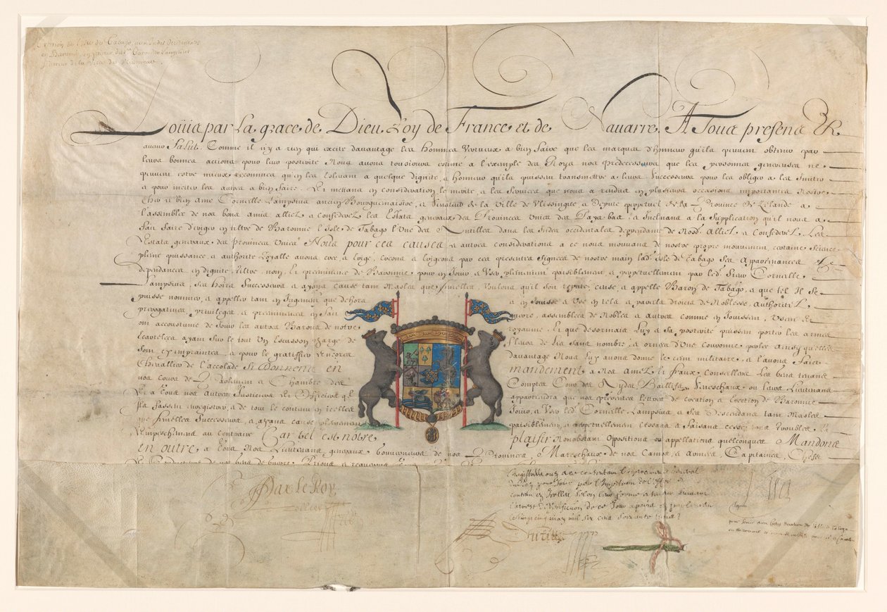 Diploma Elevating Cornelis Lampsins to Baron of Tobago and Knight of the Order of St. Michel by Louis XIV by Lodewijk XIV (koning van Frankrijk) (signed by artist)