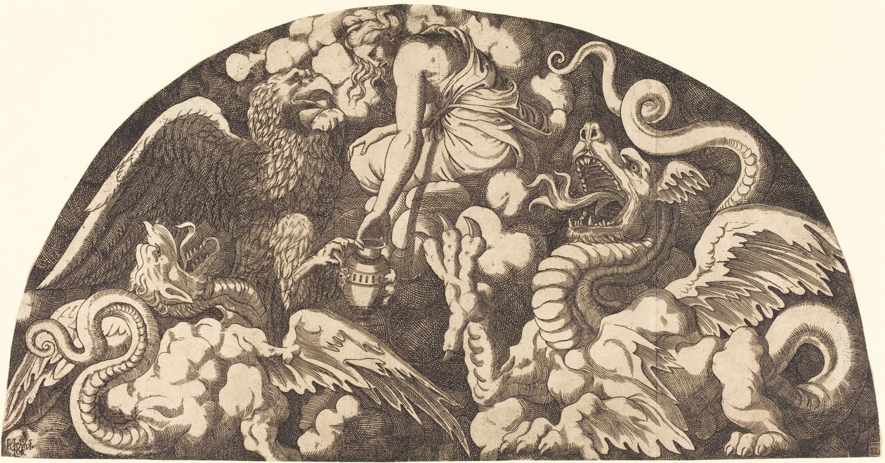 Jupiter Bringing Water of the Styx to Psyche by Léon Davent after Giulio Romano