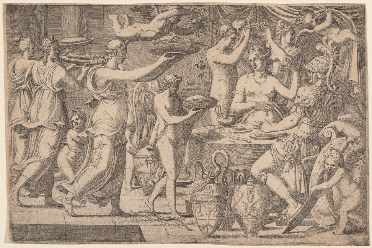 Venus and Mars Served by Cupid and the Three Graces by Léon Davent, after Luca Penni