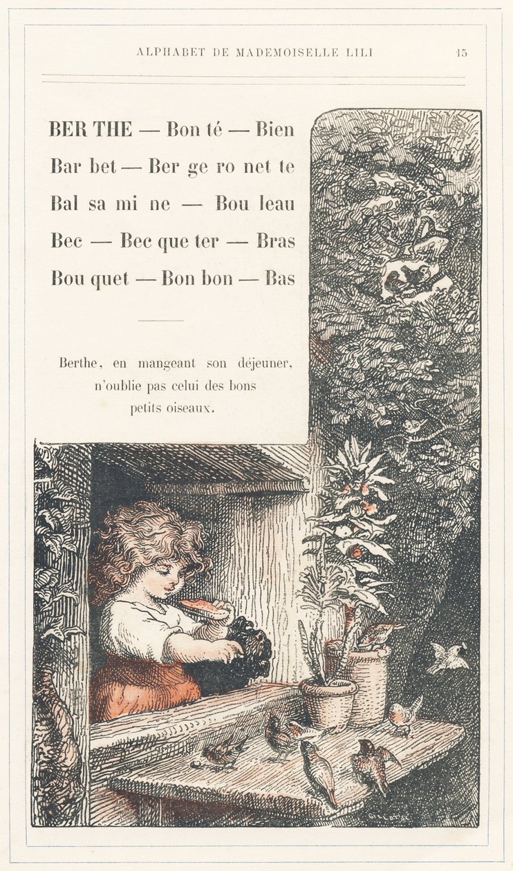 Berthe, Bonte, Well, Barbet, Bergeronnette, Balsamine, Birch, Beak, Becqueter, Arm, Bouquet, Candy, Bottom, Page 15 - Alphabet by Mademoiselle Lili, by L. Froelich and by a Dad (Hetzel Himself). Bibliotheque & Magasin d