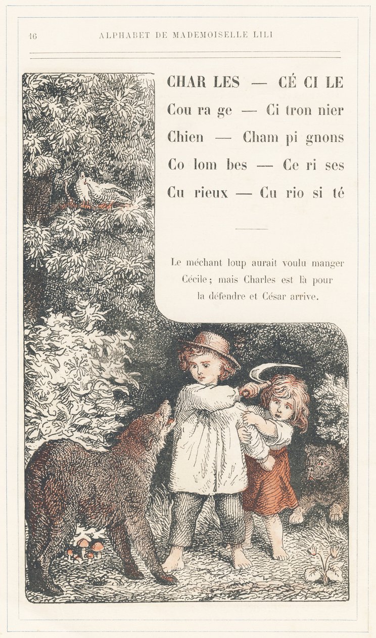 Charles, Cecile, Courage, Lemon Tree, Dog, Mushrooms, Doves, Cherries, Curious, Curiosite, Page 16 - Alphabet by Mademoiselle Lili, by L. Froelich and by a Dad (Hetzel himself). Bibliotheque & Magasin d