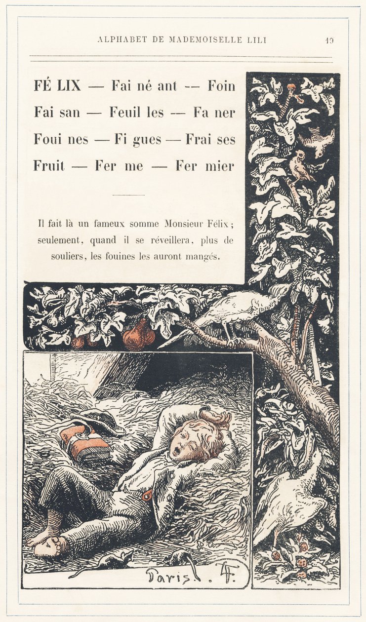 Felix, Lay, Hay, Pheasant, Leaves, Faner, Weasels, Figs, Strawberries, Fruit, Farm, Farmer, Page 19 - Alphabet by Mademoiselle Lili, by L. Froelich and by a Father (Hetzel Himself). Bibliotheque & Magasin d