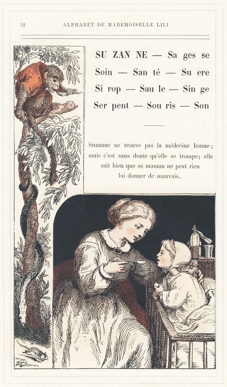 Suzanne, Wisdom, Care, Health, Sugar, Syrup, Willow, Monkey, Snake, Mouse, Sound, Page 32 - Alphabet by Mademoiselle Lili, by L. Froelich and by a Dad (Hetzel Himself). Bibliotheque & Magasin d
