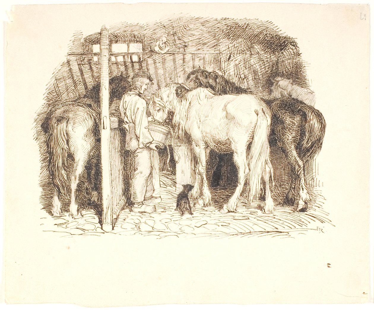 Horses in a Stable Being Watered by a Boy by Lorenz Frølich