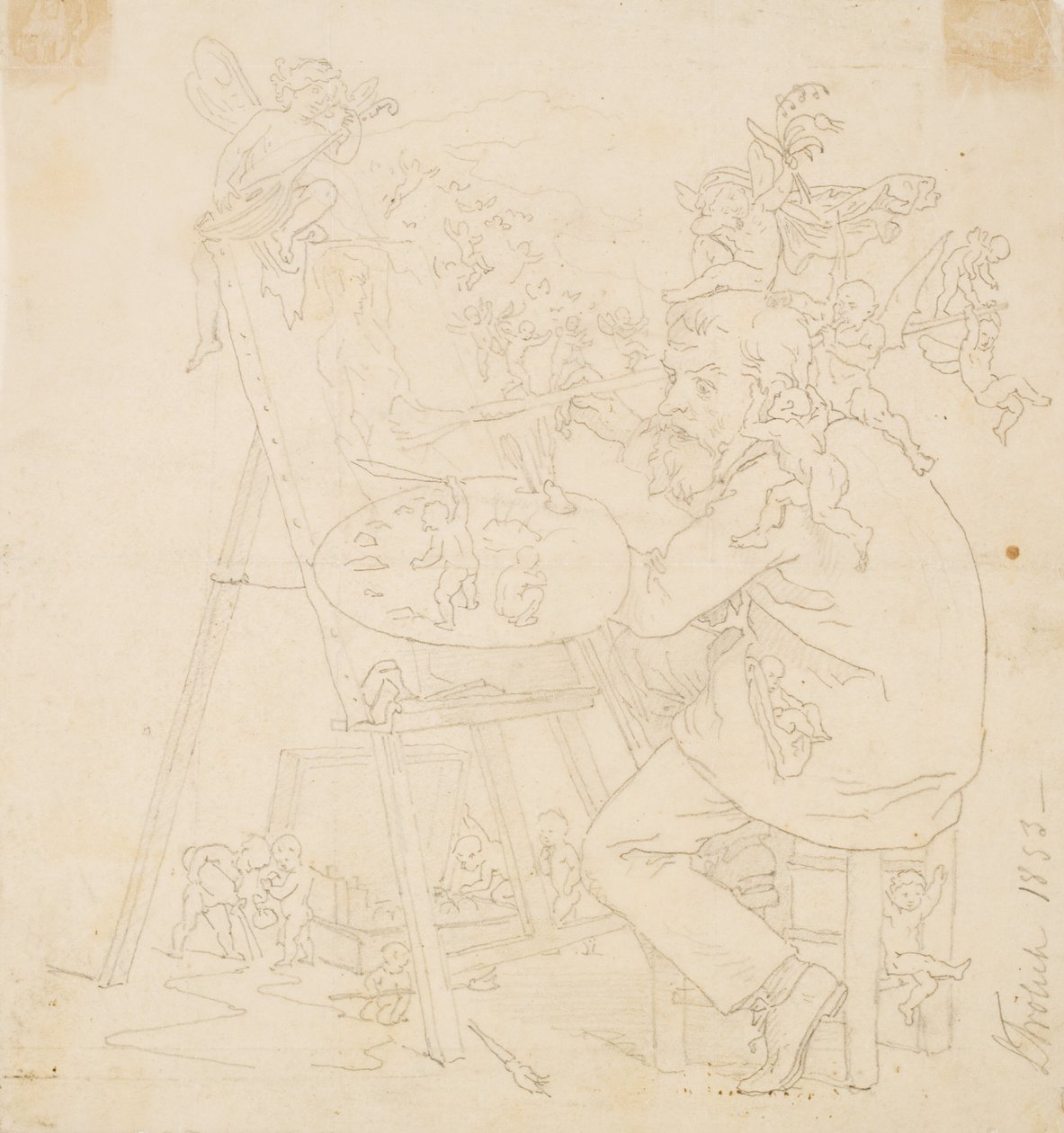 Painter at Work Surrounded by Elves and Other Creatures by Lorenz Frølich