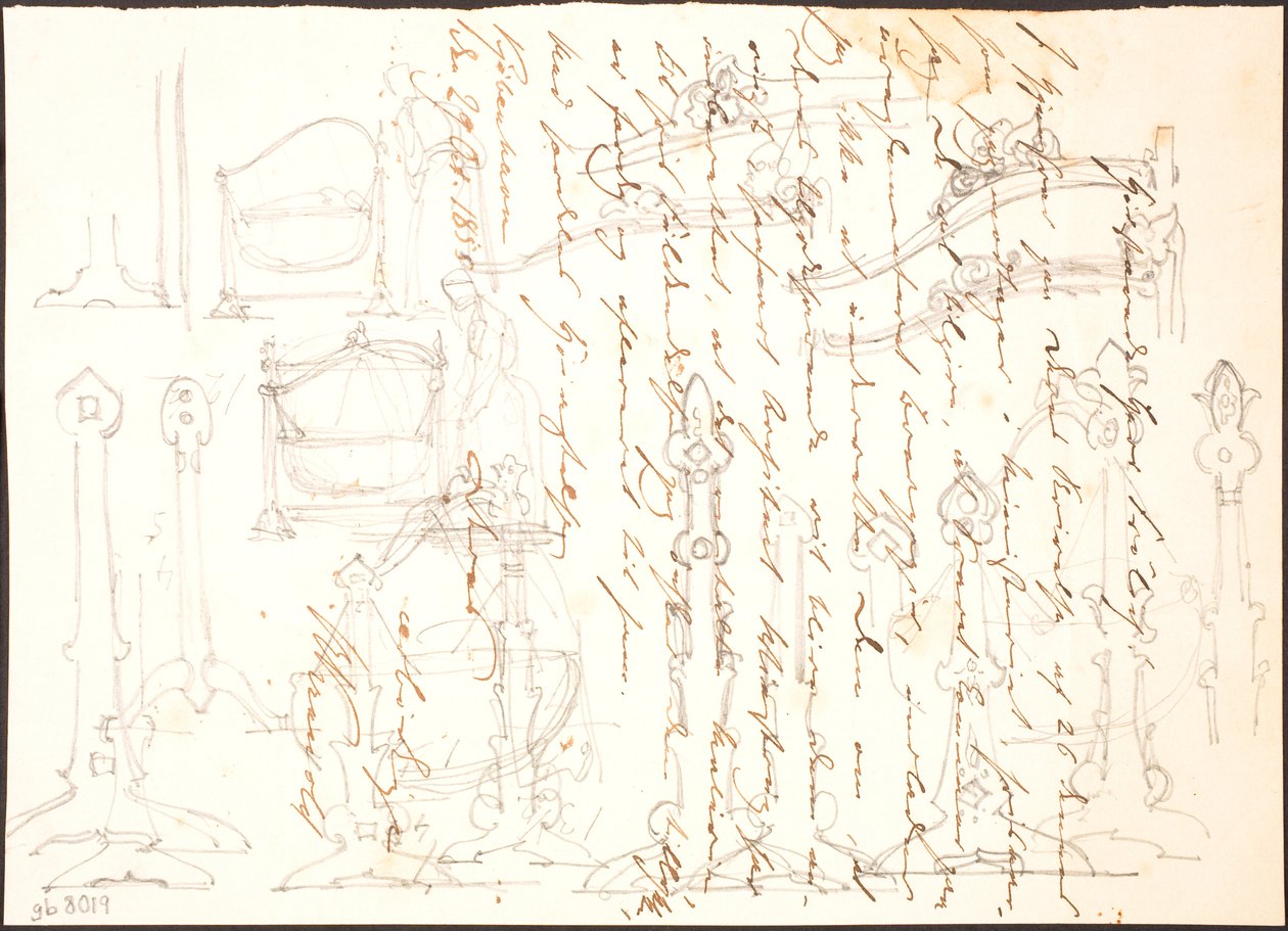Furniture Sketches Drawn Over a Letter by Lorenz Frølich