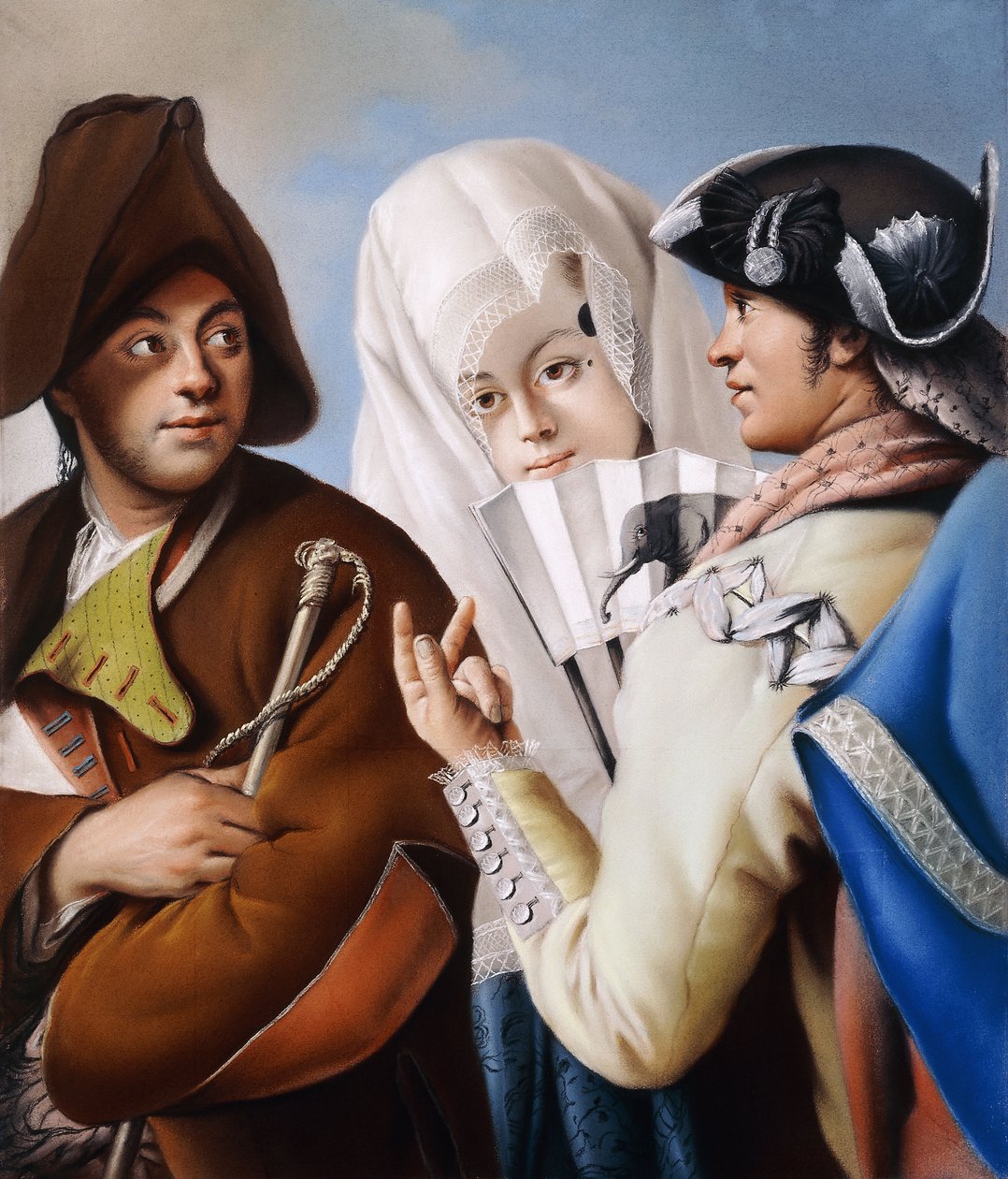 A Gentleman in a Phrygian Bonnet being addressed by a Gentleman in a yellow coat and black tricorn Hat with a Lady in a blue brocade Dress and white Mantilla by Lorenzo Baldissera Tiepolo