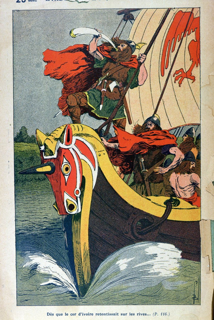 Viking Blowing the Horn on a Longship as it Approaches the Norse Coast, Illustrated Plate from a Popular Edition of 
