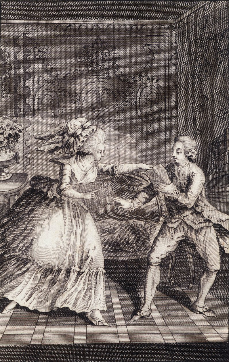 Le billet doux subtilisé (libertinage) - in “Les francaises ou 34 examples chosen in the current mores fit to lead daughters, women, wives, mothers” by Restif de La Bretonne (1734-1806), ill. by Binet, Neufchatel by Louis (after) Binet