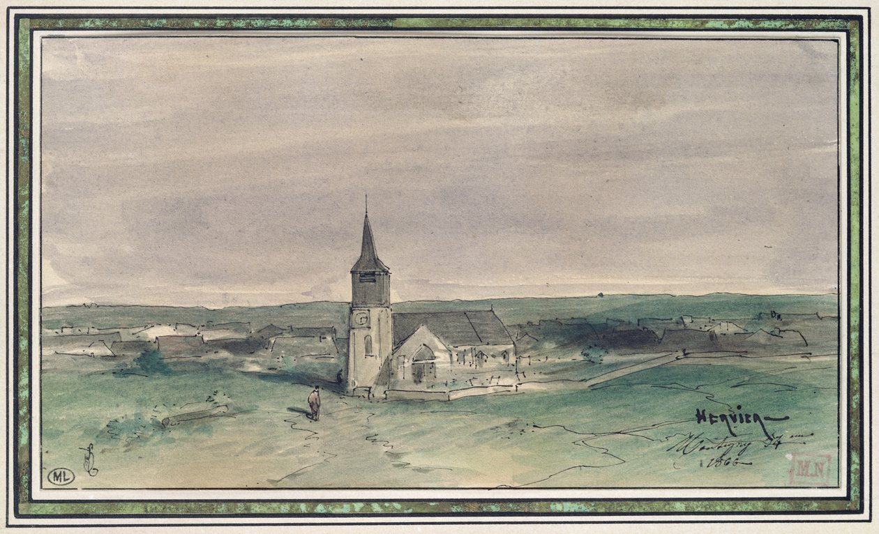 Church and Village in the Middle of a Field, Montigny, 1866 by Louis Adolphe Hervier