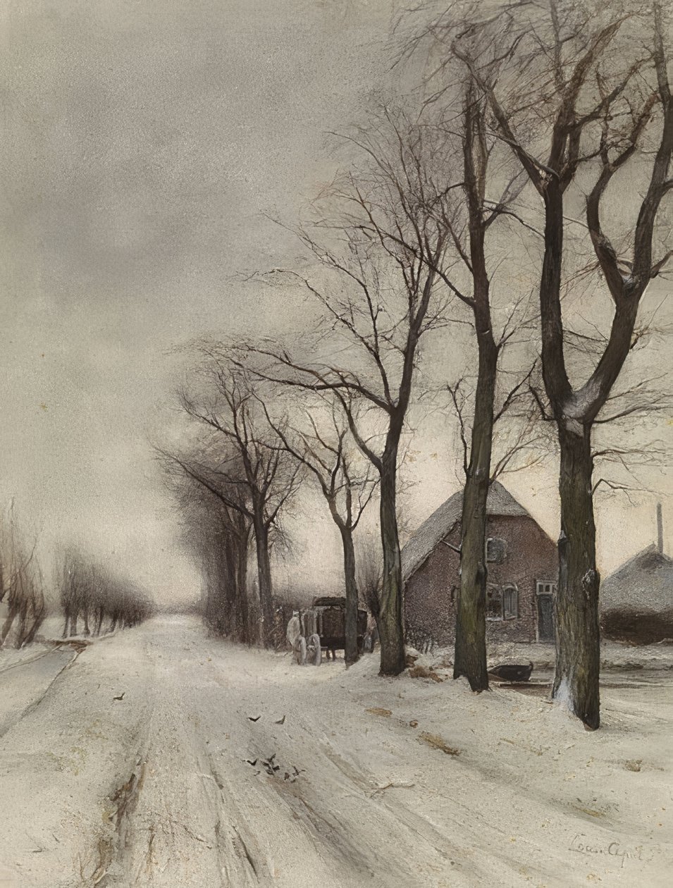Winter Landscape with Farmhouse on an Avenue by Louis Apol