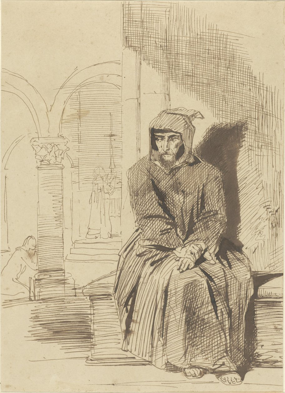 Sitting Monk in Contemplation, While Mass is Celebrated in the Background by Louis Boulanger