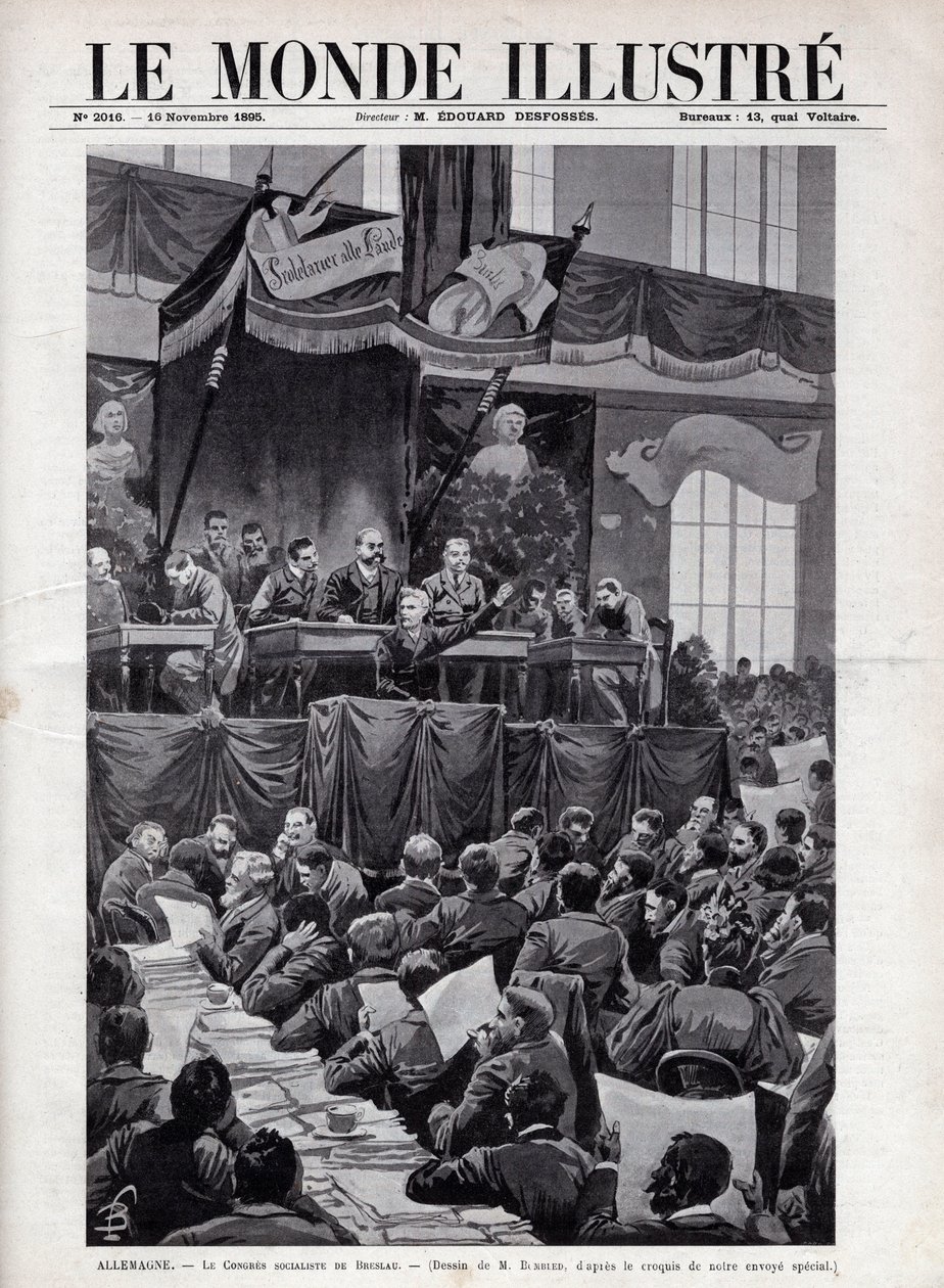 Speech by August Bebel (1840-1913) during the Socialist Congress of Breslau in Germany in 1895 - Engraving in The Illustrous World of 1895 - Drawing by Bombled. by Louis Charles Bombled