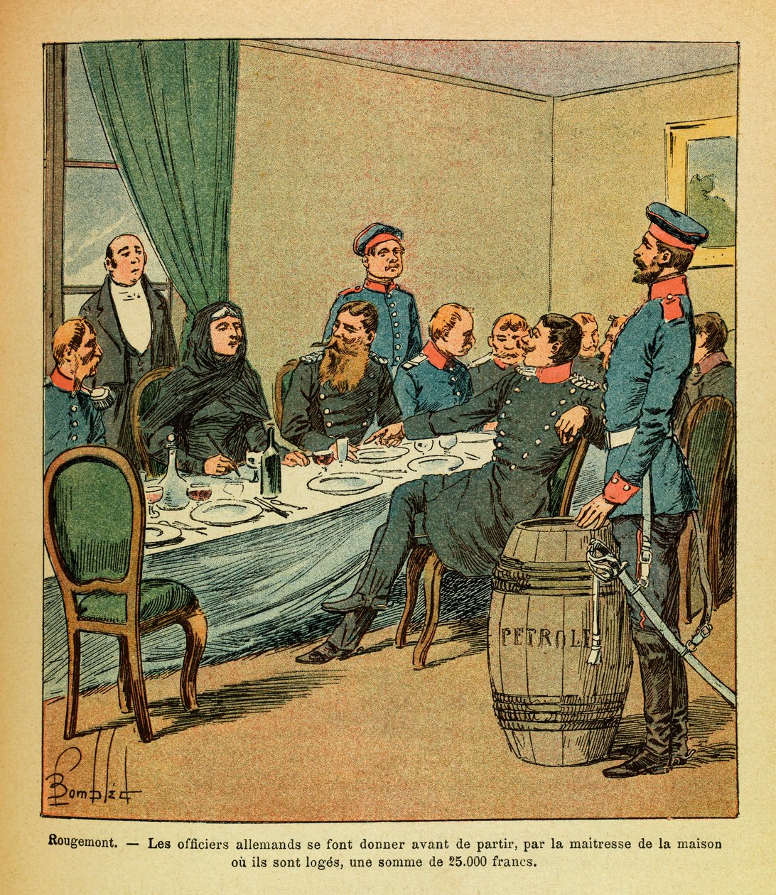 The Eastern Army of Eugene Sergeant, known as Grenest, illustrated by Louis Bombled (Franco-German War; campaign of 1870-1871): In Rougemont, the German officers were given a sum by the mistress of the house where they are lodged by Louis Charles Bombled
