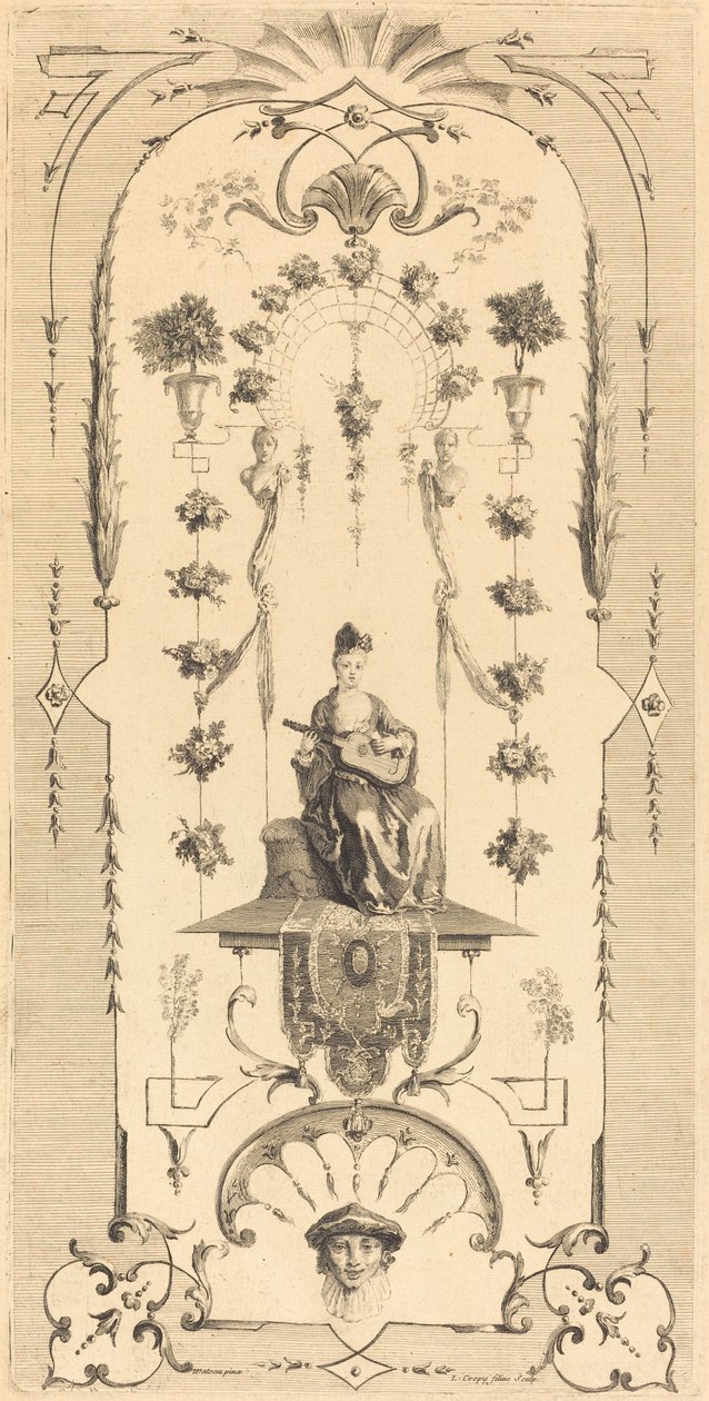 Seated Woman Playing a Guitar by Louis Crépy after Antoine Watteau