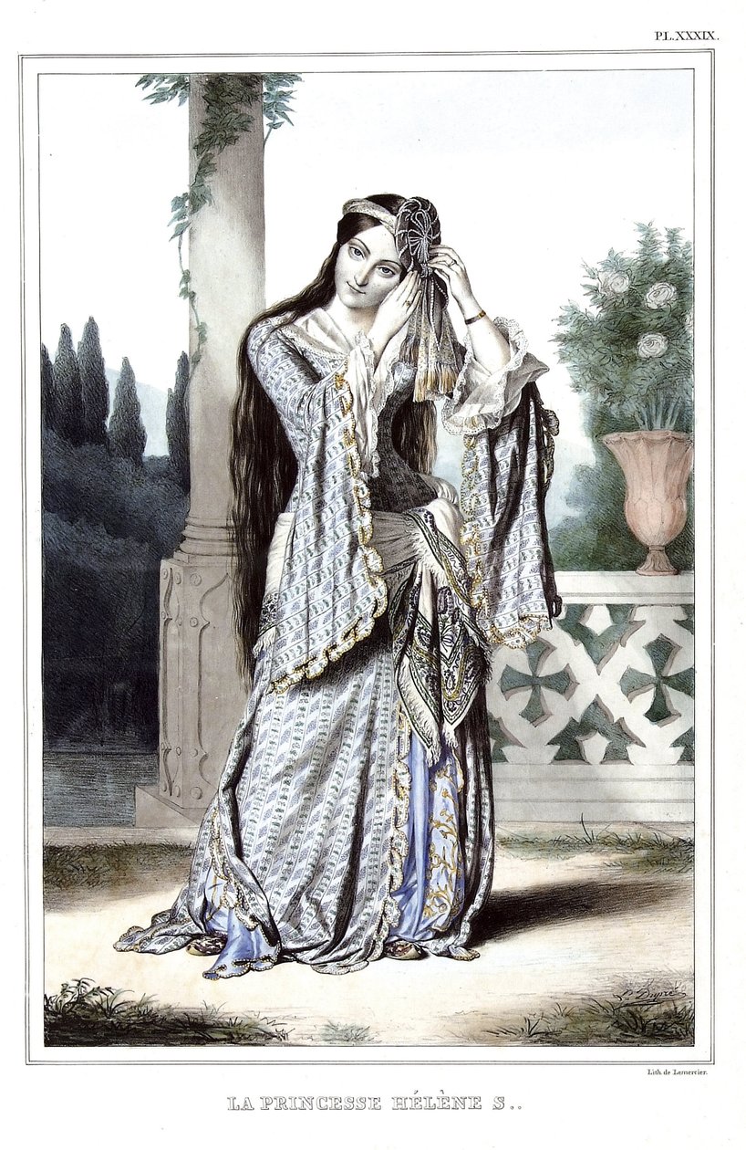 Princess Helene Soutzo. in Journey to Athenes and Constantinople, or collection of Greek and Ottoman portraits, views and costumes, painted on places of after nature, lithographs and colories by Louis Dupre (1789-1837), pupil of David.1825 by Louis Dupré