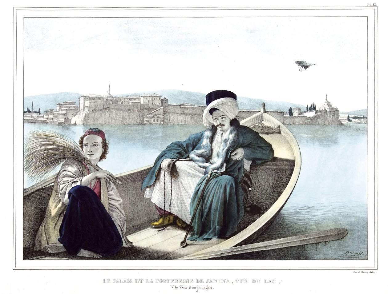 The palace and fortress of Janina, seen from the lake. A Turkish and a young Greek. in 