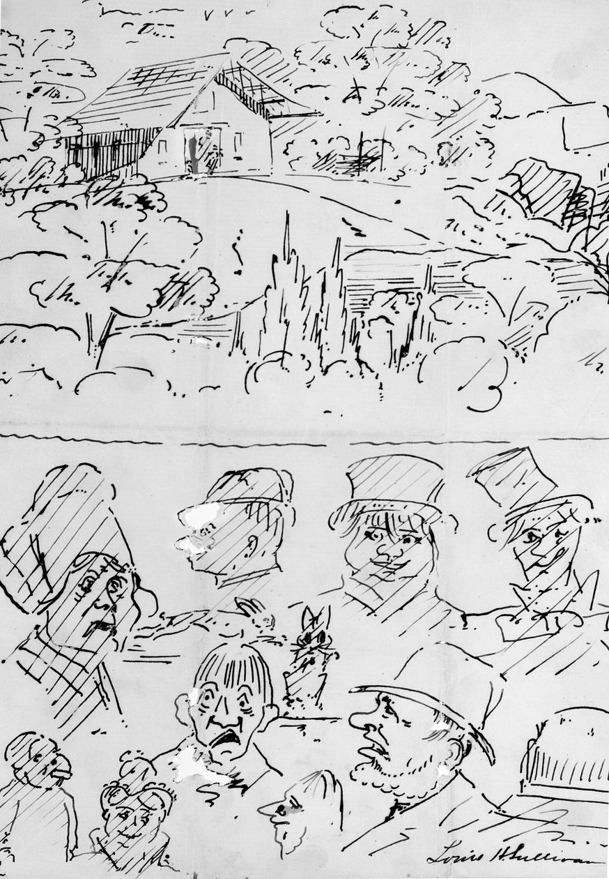 Landscape with Building and Caricature Head Studies by Louis H. Sullivan
