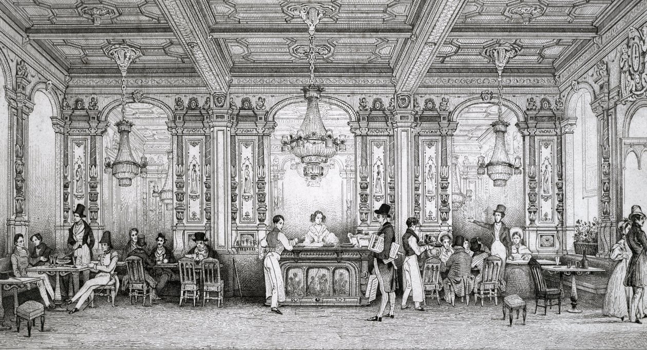 Cafe de la Banque de France Built by Architect Dusillon and Located Place de Victoire - Engraving of Schaal - 1839 by Louis Jacques Nicolas Schaal