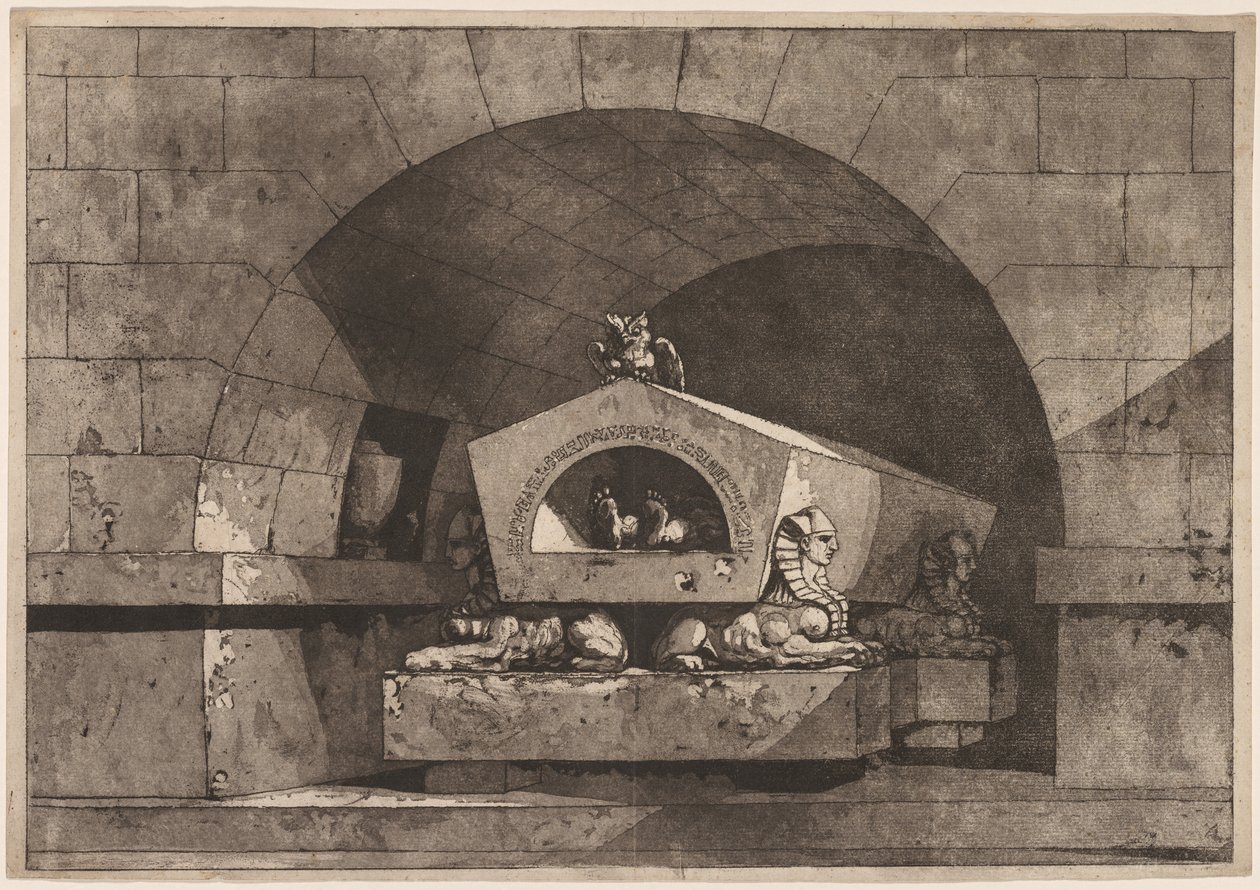 Tomb with Sphinx: Funerary Monument with an Owl on a Sarcophagus Supported by Sphinx by Louis Jean Desprez