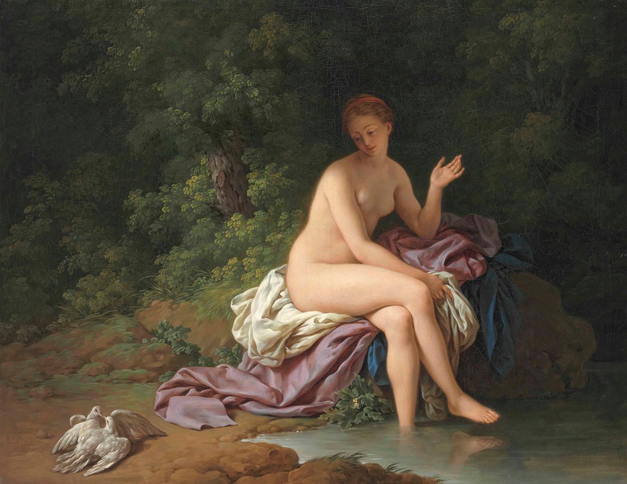 A Lady Bathing by a River with Two Turtledoves by Louis Jean François Lagrenée
